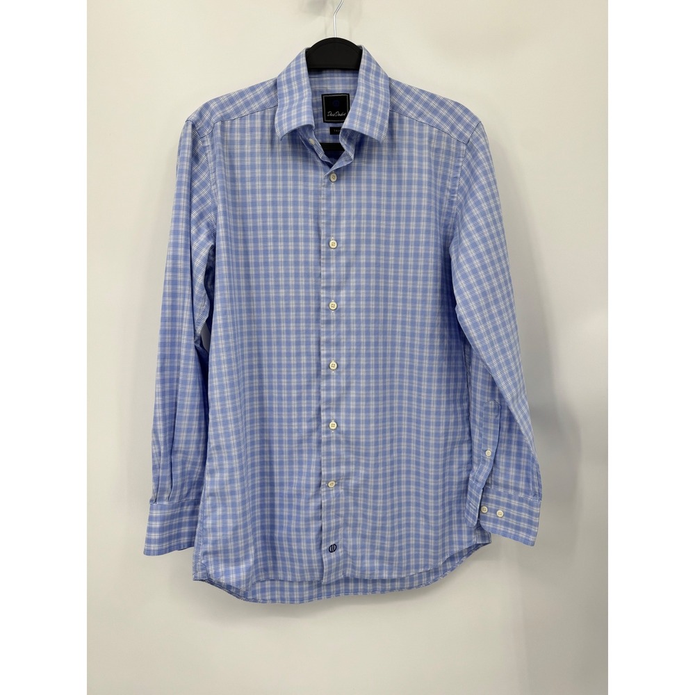 David Donahue Button Down Mens L Blue Plaid Trim Fit Cotton Long Sleeve Shirt